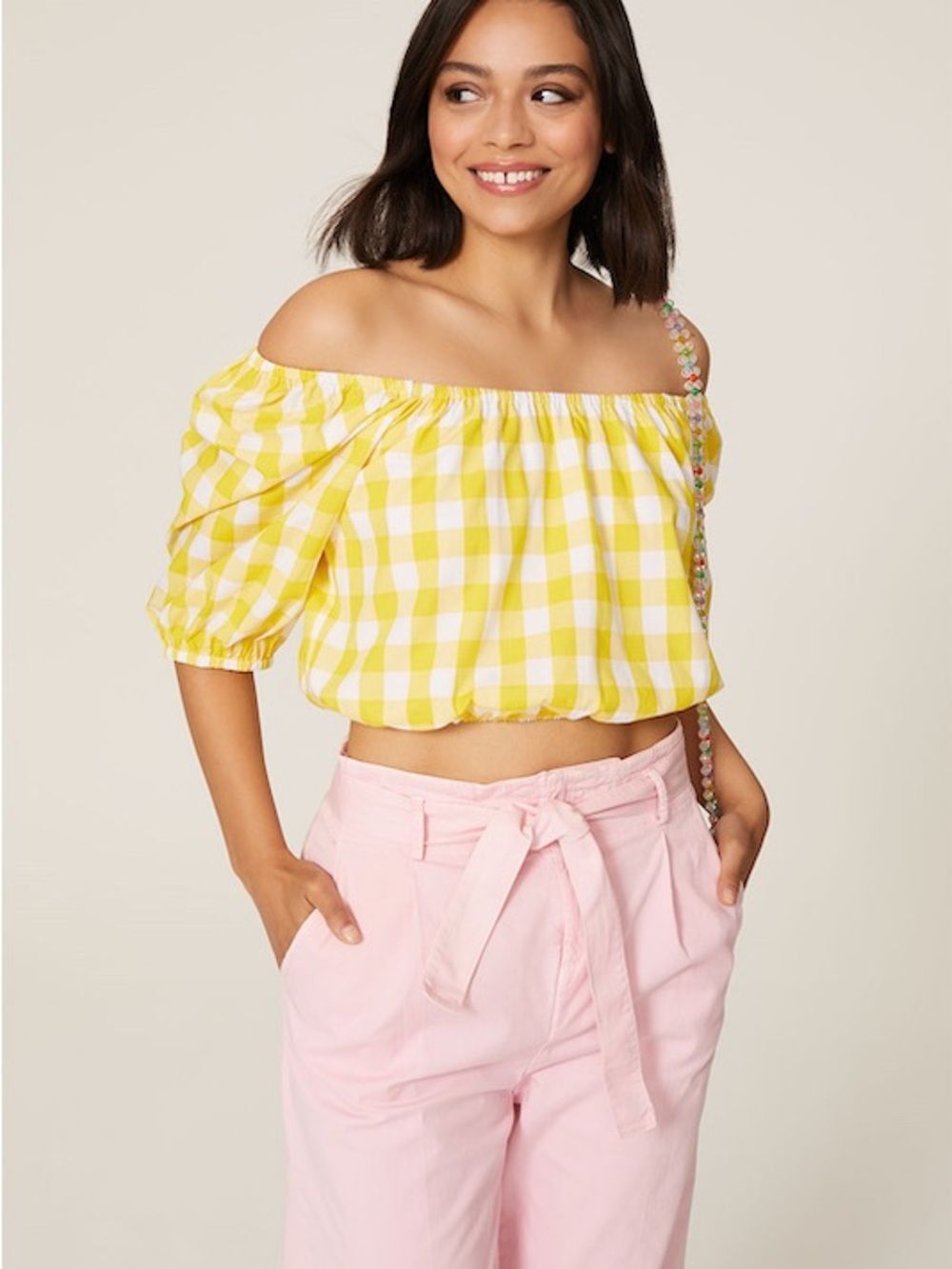 Color Me Courtney x RTR Kris Yellow Gingham Puff Sleeve Crop Top NWOT S
